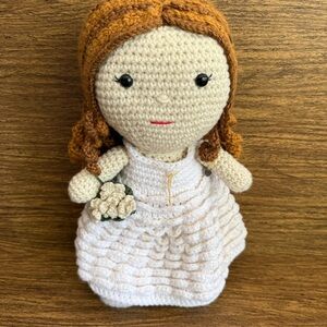 Amigurumi Curly Brown Hair Crochet Plush Doll w/ White & Gold Dress Bracelet 16”